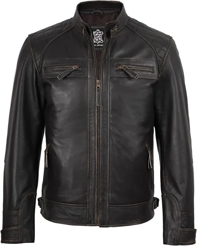 Vista 4 de fjackets Chaquetas de cuero para hombre de piel de cordero real - acolchado Cafe Racer Zip Up Moto Style Chaqueta de cuero para hombre