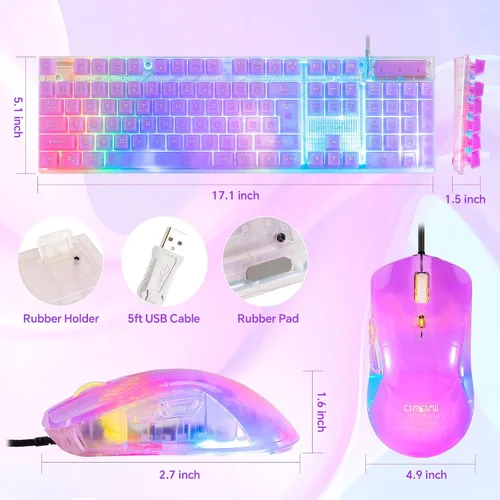 Vista 3 de CHONCHOW Combo de teclado y mouse RGB para juegos, teclado transparente con cable USB, retroiluminación LED arco iris, juego de teclado transparente