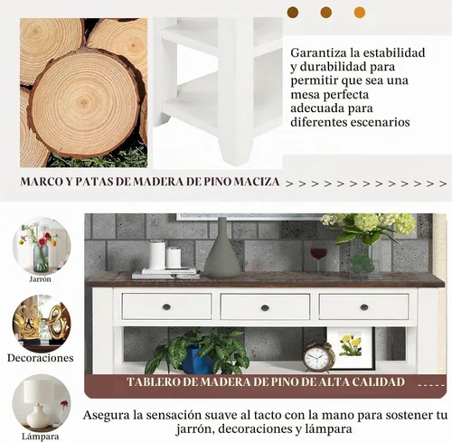 Vista 4 de Mesa consola de madera maciza de 48.8 pulgadas para entrada; mesa de sofá con cajones 48.8" Antique White Real Wood Farmhouse Console Table with