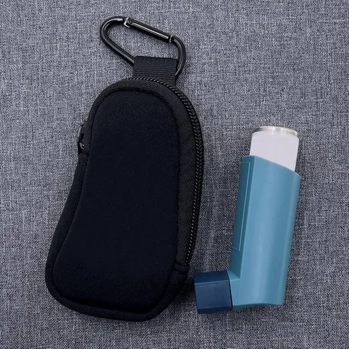 Vista 3 de Funda de viaje de neopreno para inhalador de asma, práctica mini bolsa para inhalador para todas las edades, inhalador no incluido (negro)