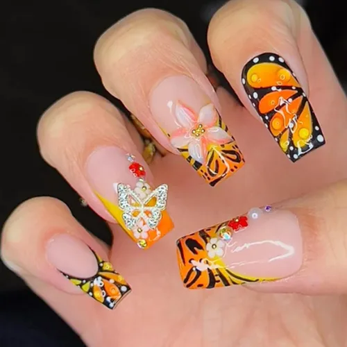 Vista 15 de Uñas postizas a presión con punta francesa cuadrada larga con arco 3D, diseños de línea de copo de nieve, uñas de invierno, uñas a presión