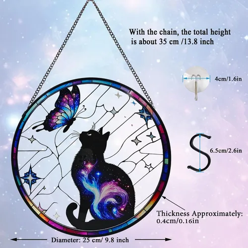 Vista 2 de Colgante de Vidrio Emplomado de Gato Negro para Ventana, 9.8'' Gato Negro y Mariposa con Diseño de Nebulosa Atrapasol Decoración del Hogar