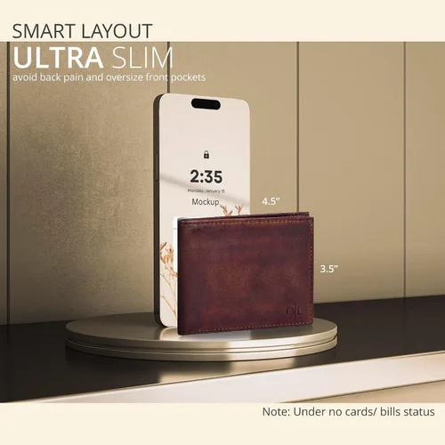 Vista 47 de Cartera delgada de cuero para hombre, bloqueo RFID, bolsillo frontal minimalista, delgada y elegante con ventana de identificación, regalo