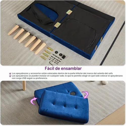 Vista 7 de TYBOATLE Sofá Cama Futón Plegable Convertible Moderno de Terciopelo de 65" de Ancho con 2 Puertos de Carga USB para Espacio de Vida Compacto, Sofás