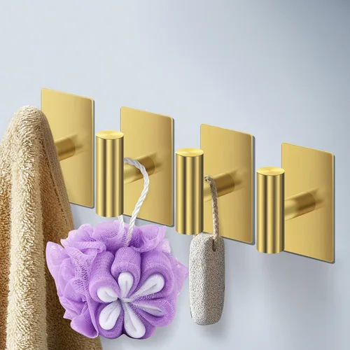 Vista 5 de Ganchos dorados de acero inoxidable para montaje en pared, paquete de 2 ganchos resistentes para colgar abrigos, toallas, batas, ropa, cocina y baño