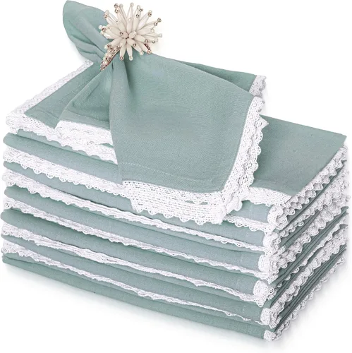 Vista 10 de FINGERCRAFT Servilletas de tela de lino y algodón de 12 unidades con esquinas ingletadas y elegante encaje para uso diario; las servilletas están