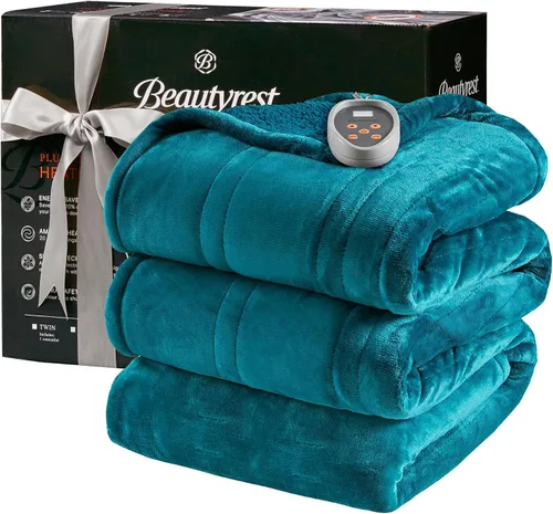 Vista 10 de Beautyrest Manta térmica, manta eléctrica, suave, cálida y reversible, manta térmica Sherpa para oficina, sofá, 3 ajustes de calor, apagado