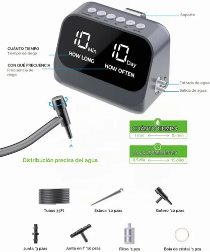 Vista 3 de Riego automático para plantas en maceta, utilizando un temporizador programable inteligente, cuenta con una pantalla LED impermeable, una batería