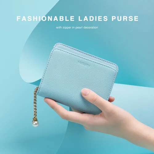 Vista 4 de Cartera para mujer con colgante de perlas RFID bloqueo tarjeta de crédito cartera de cuero premium, Celeste, Minimalista