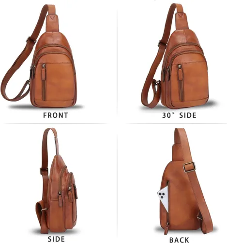Vista 4 de Bolso bandolera de cuero genuino para el pecho, mochila cruzada casual, mochila vintage hecha a mano para senderismo, bolsa de motocicleta (marrón) M