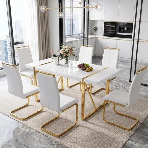 Vista 13 de Conjunto de mesa de comedor blanco Ebullient para 4, mesa rectangular de MDF y sillas de comedor de cuero sintético negro, juego de mesa de comedor