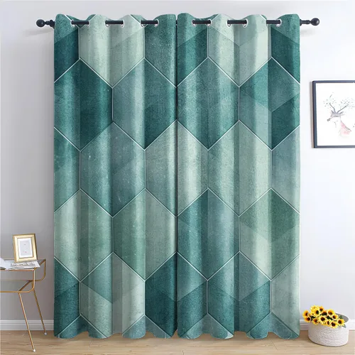 Vista 14 de Cortinas hexagonales blancas y negras, cortinas opacas geométricas para dormitorio, cortinas de ventana modernas, cortinas abstractas llamativas
