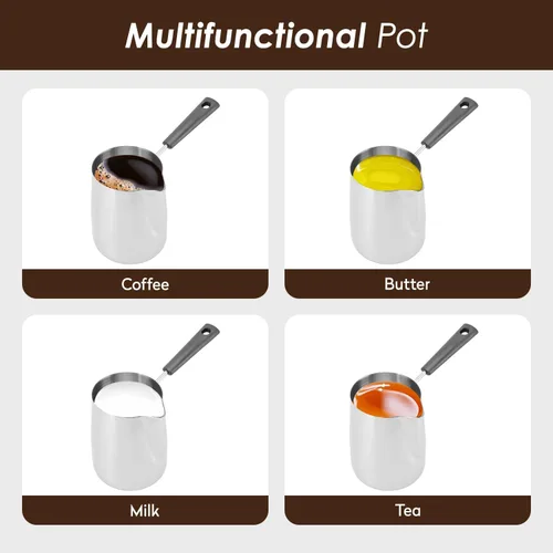 Vista 6 de Cafetera turca de 12 oz/11.8 fl oz jarra de espuma de leche para té, olla de fusión de mantequilla Jarra toroide de flores de acero inoxidable