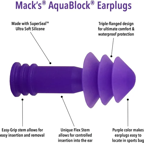 Vista 2 de Mack's AquaBlock - Tapones para los oídos de natación, 2 pares, cómodos, impermeables, reutilizables, de silicona, para nadar, esnórquel, ducharse