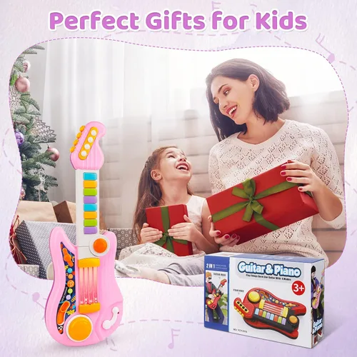 Vista 6 de Guitarra para niños 2 en 1 Instrumentos musicales para niños Piano para niños pequeños Juguete de guitarra eléctrica con correa Juguetes musicales