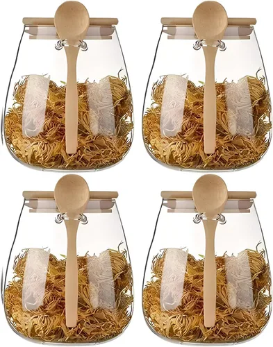Vista 9 de Juego de tarros de almacenamiento de vidrio herméticos con tapa de bambú de boca ancha, a prueba de fugas, con cuchara, se pueden usar para granos