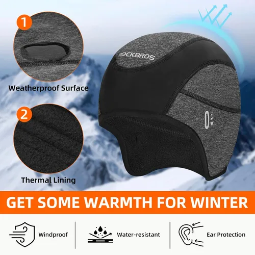 Vista 4 de ROCKBROS Gorras de ciclismo de invierno para hombres y mujeres, sombrero de ciclismo a prueba de viento con visera solar debajo del casco forro negro