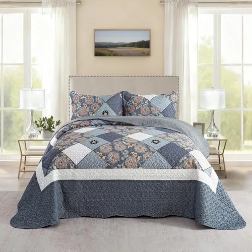 Vista 33 de NEWLAKE Juego de colchas tamaño queen, conjunto de colcha de algodón con diseño de retazos en colores azul y negro con patrones a cuadros, colcha