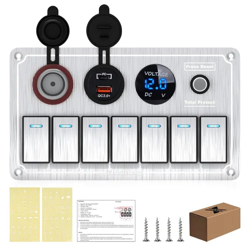 Vista 24 de Panel de interruptores basculantes para lanchas marinas, panel de interruptor de palanca impermeable de 8 bandas con doble USB y panel voltímetro