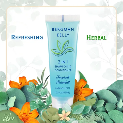 Vista 3 de Bergman Kelly - Champú y acondicionador 2 en 1 tamaño viaje - 0.5 fl oz, 200 PK, cascada tropical - Deleite a sus invitados con amenidades de champú