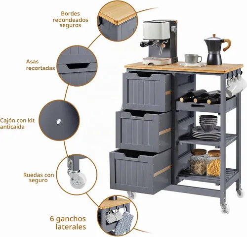 Vista 4 de Yaheetech Carrito de Isla de Cocina con Ruedas, Carrito de Almacenamiento Rodante con Encimera de Bambú, 3 Cajones, 3 Estantes Extraíbles y Ruedas