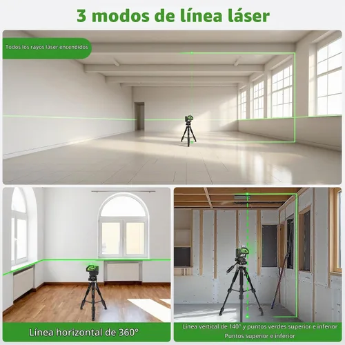 Vista 2 de Huepar Línea cruzada de nivel láser verde autonivelante con 2 puntos de plomada herramienta láser -360 línea horizontal más haz vertical con trípode