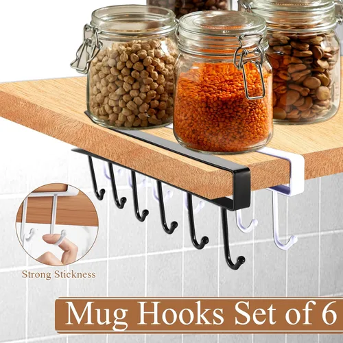 Vista 4 de 6 ganchos para tazas debajo del gabinete, soporte adhesivo para tazas de café sin taladrar, colgador para tazas debajo del estante, soporte