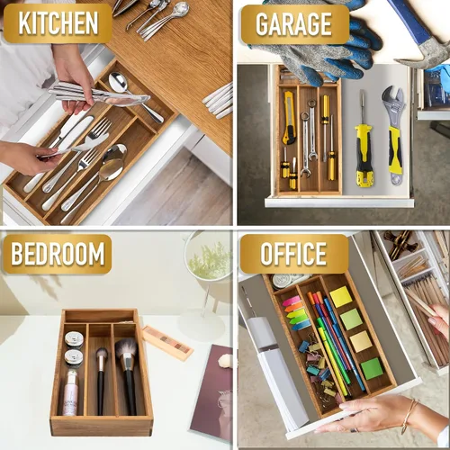 Vista 6 de Acacia - Organizador de cajones de cubiertos con 4 ranuras - Soporte para cubiertos con bandeja para cubiertos