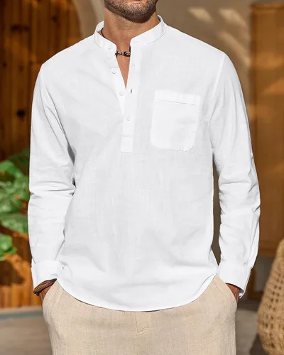 Vista 2 de J.VER Camisa de lino para hombre, de manga larga, de algodón, casual, para playa, Henley, cuello de banda, con bolsillo