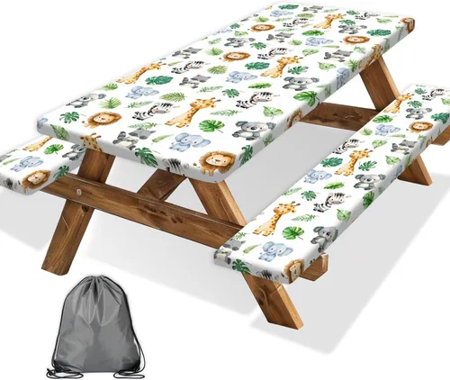 Vista 70 de Funda para Mesa de Picnic con Fundas para Bancos y Bolsa, Campista de Madera Impermeable Resistente al Viento, Cubierta de Mantel Ajustada con Borde