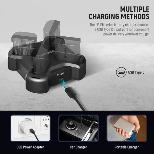 Vista 6 de NEEWER LP-E6/LP-E6N/LP-E6NH/LP-E6P Cargador de batería de cuatro canales con PD 45W carga rápida, cable USB C, cargador Quad USB compatible