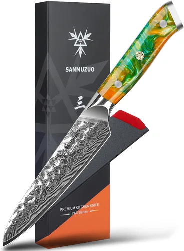 Vista 13 de Cuchillo Santoku de 7" - Cuchillo de chef japonés - Acero de Damasco martillado y mango de resina - Serie YAO