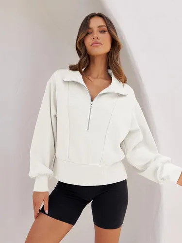 Vista 2 de MEROKEETY Sudadera corta de manga larga con media cremallera para mujer, con solapa, casual, acanalada