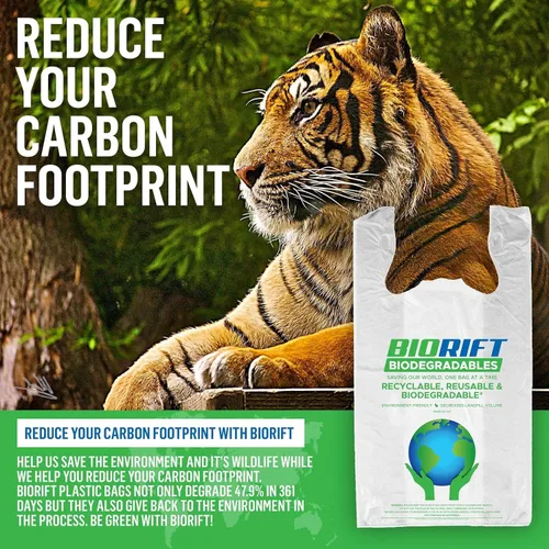 Vista 4 de BioRift Bolsas de comestibles para camisetas – 100% biodegradables y ecológicas – Bolsas de basura pequeñas reutilizables para supermercado – Asas