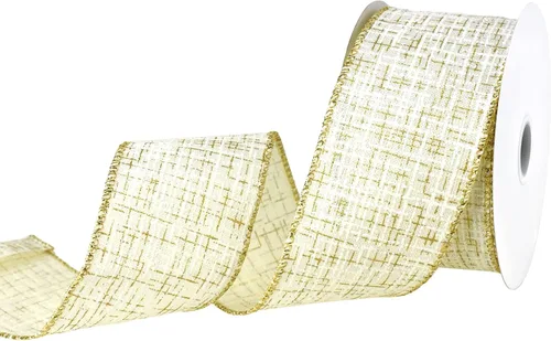 Vista 3 de Homeford Elegante cinta de lino sintético con textura a rayas, 2-1/2 pulgadas, 10 yardas, marfil/dorado