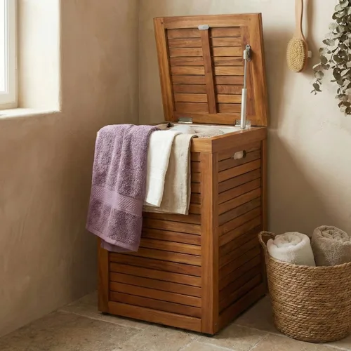 Vista 3 de Cesta mediana de teca para ropa sucia, o contenedor de almacenamiento para interiores y exteriores