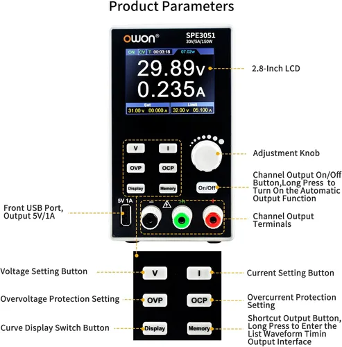 Vista 2 de OWON Fuente de alimentación de laboratorio (0-30V 0-5A), fuente de alimentación CC de banco programable de 150 W con pantalla LCD de 2.8 pulgadas