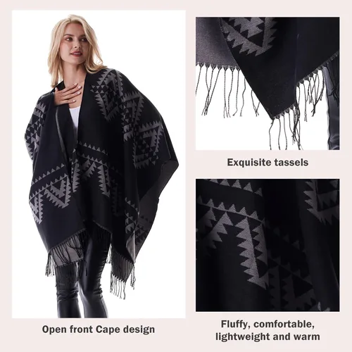 Vista 5 de Cárdigan cálido de invierno para mujer, diseño de chal a cuadros, capa frontal abierta