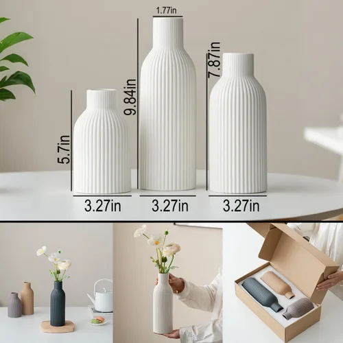 Vista 10 de Juego de 3 jarrones de cerámica modernos, jarrones decorativos acanalados blancos, centro de mesa para decoración del hogar, regalos de cumpleaños