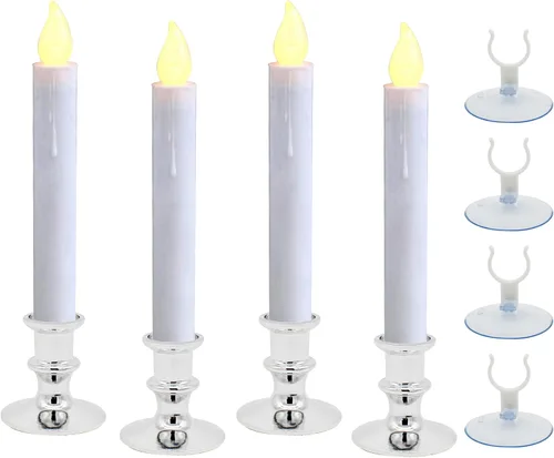 Vista 10 de Velas de ventana con ventosas, cono LED que funciona con pilas, encendido/apagado automático, base dorada extraíble, decoración de luces sin llama