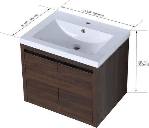 Vista 2 de Juego de tocador de baño de 24 pulgadas con lavabo de gel montado en la pared, diseño moderno, gabinete de montaje de flotador, tocador de baño
