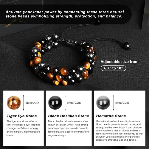 Vista 4 de Pulsera de triple protección hecha a mano para hombres y mujeres, ojo de tigre, obsidiana negra, hematita, cuentas de cristal curativo, joyería trae