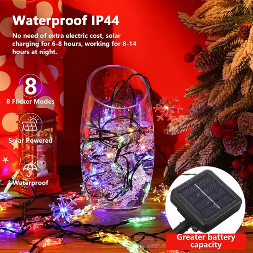 Vista 4 de Mudder Tira de 80 luces LED de Navidad más grandes de 33 pies con forma de copo de nieve, funciona con energía solar, tira de luces impermeables Luz