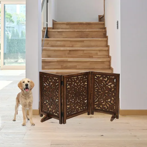 Vista 4 de Puerta independiente para mascotas para perros, puerta plegable de madera para perros para casa, puerta interior para perros para escaleras