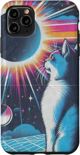Vista 11 de iPhone 15 Cat Solar Eclipse - Synthwave Retro Poster Style Case