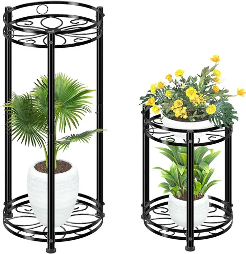 Vista 7 de Simple Trending Soporte para plantas para interiores y exteriores, estante redondo alto para plantas, soporte de metal de 2 niveles para maceta