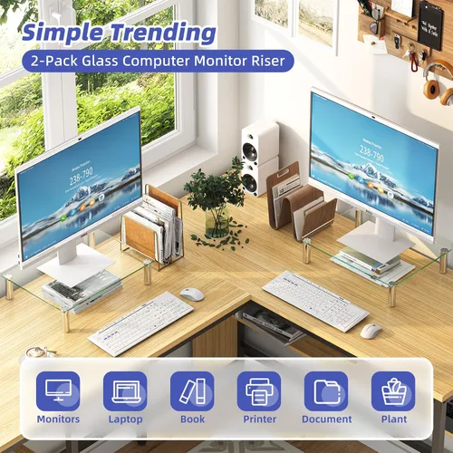 Vista 4 de Simple Trending - Paquete de 2 elevadores para monitores de computadora con altura ajustable, vidrio templado, soporte de escritorio multifuncional