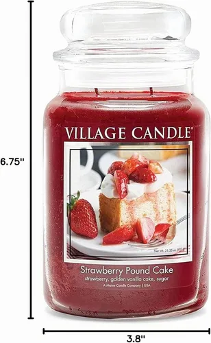Vista 3 de Village Candle Strawberry Pound Cake, vela perfumada en tarro de boticario de vidrio grande, 21.25 onzas, rojo