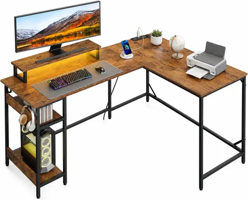 Vista 11 de DEVAISE Escritorio compacto para juegos en forma de L de 43 pulgadas con luces LED, marrón rústico