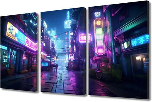 Vista 116 de Lienzo decorativo para pared de sala de estar, lienzo Cyberpunk, decoración de pared de 3 paneles, decoración de pared para el hogar, dormitorio